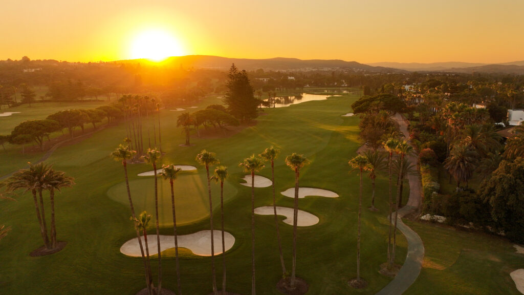 Aerial view of Real Club Valderrama Golf Course at sunset