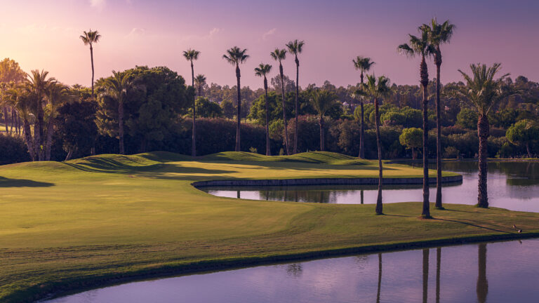 Fairway with lake and palm trees at Real Club Sevilla Golf