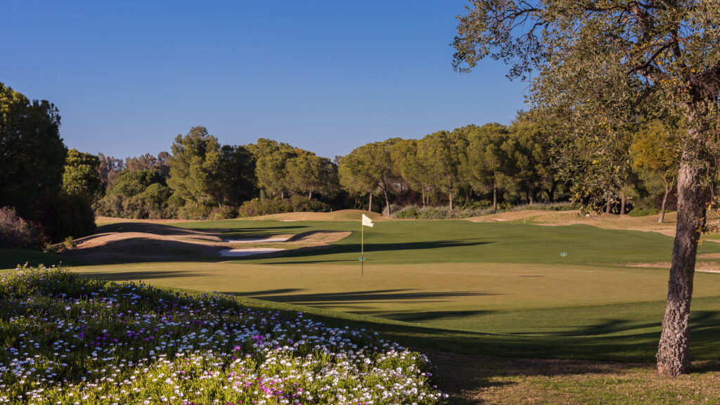 Hole with white flag and trees in the background at Real Club Sevilla Golf