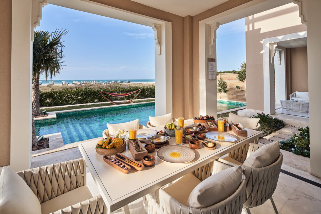 Breakfast foods at the outdoor dining area at the accommodation at Rixos Premium Saadiyat Island