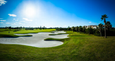 Bunker on fairway with trees around at Roda Golf Course