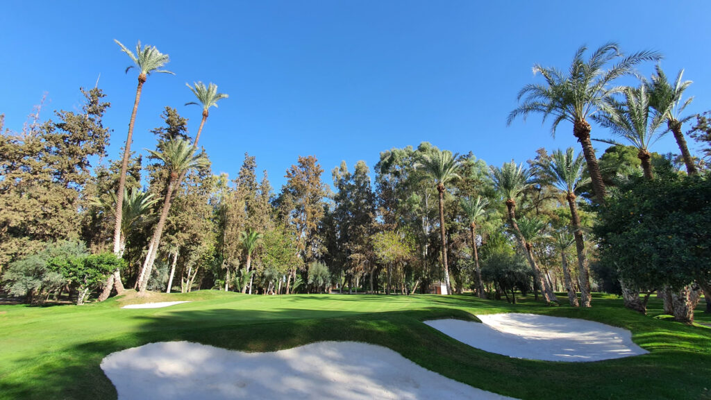 Hole with bunkers at Royal Golf Marrakech with trees around