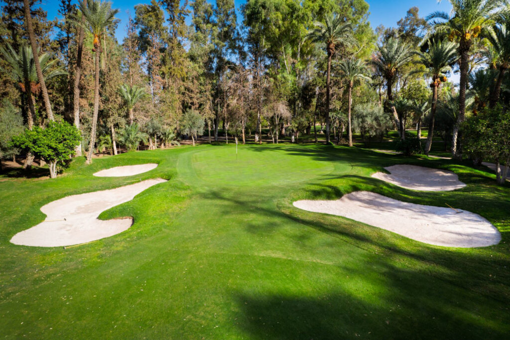 Hole with bunkers at Royal Golf Marrakech with trees around