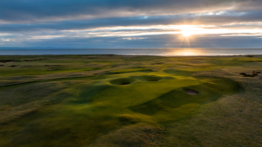 Aerial view of Royal Porthcawl with ocean in background