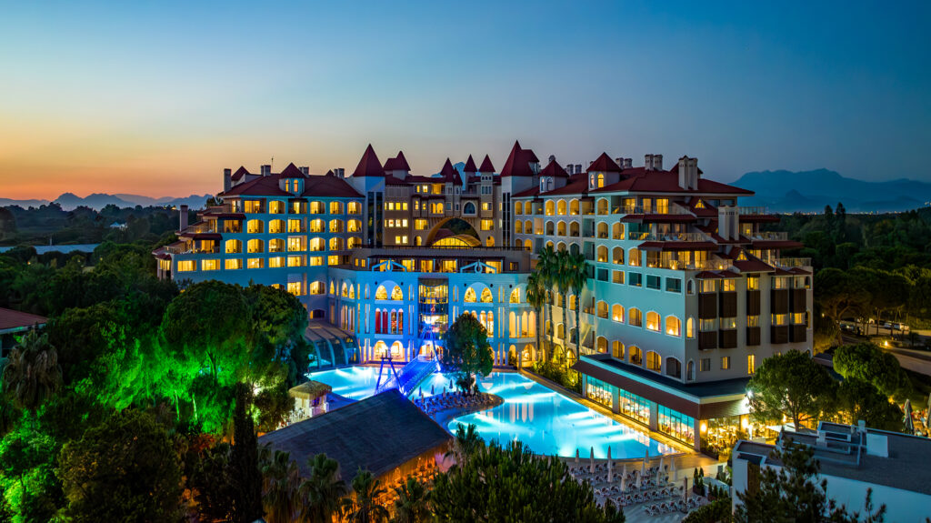 Exterior of Sirene Belek Hotel at night