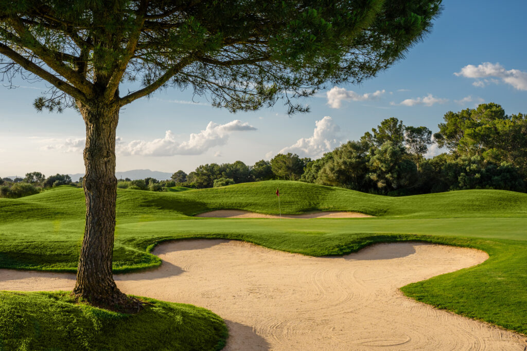 Bunker on fairway with tree and hole in background at Son Antem - West Course