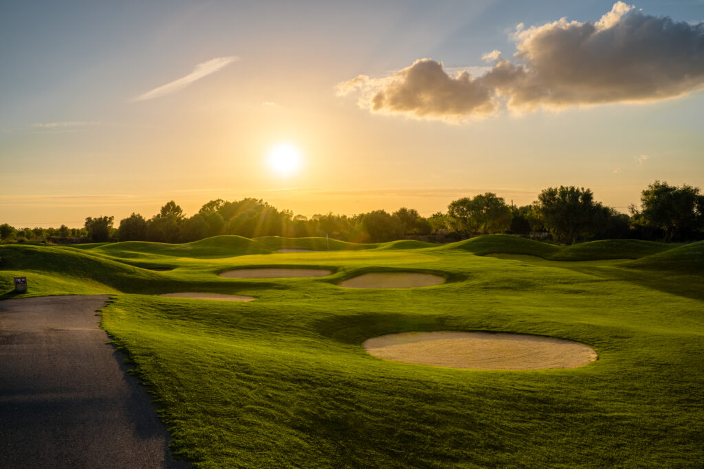 Bunkers on fairway at sunset at Son Antem - West Course