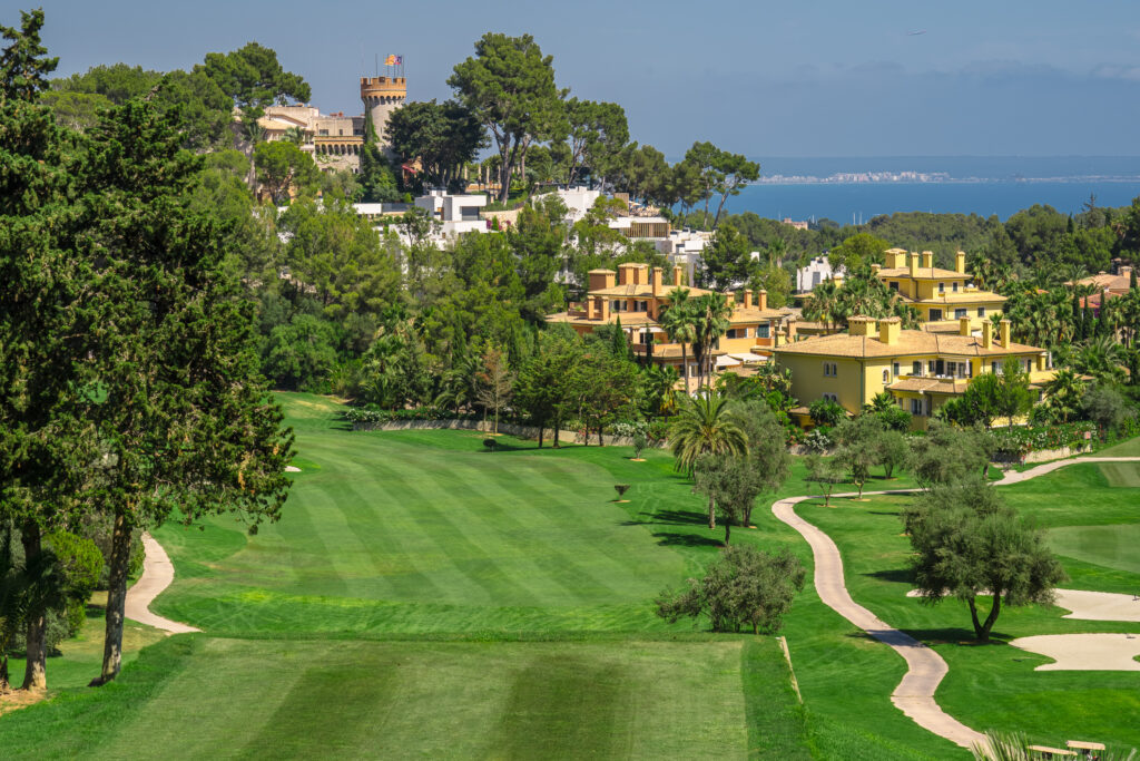 Aerial view of the fairway at Son Vida Golf Course with buildings in background at Son Vida Golf Course