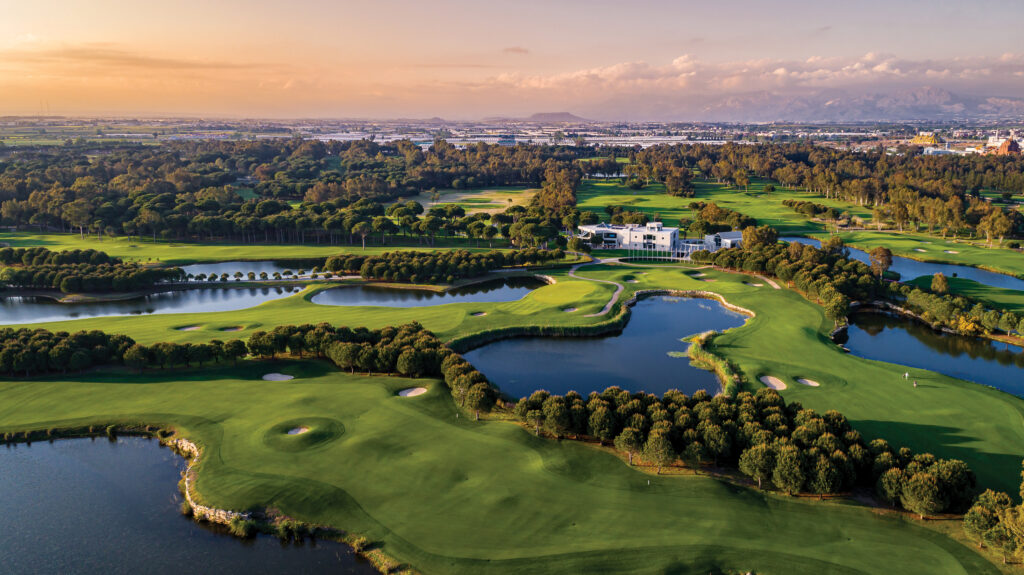 aerial view of sultan golf courses with lakes and parts of the course