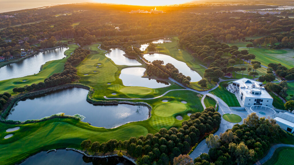 Aerial view of PGA Sultan Golf Course with lakes