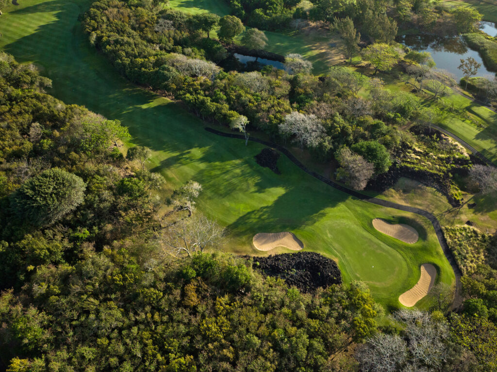 Aerial view of The Legend Golf Course with trees and lakes around