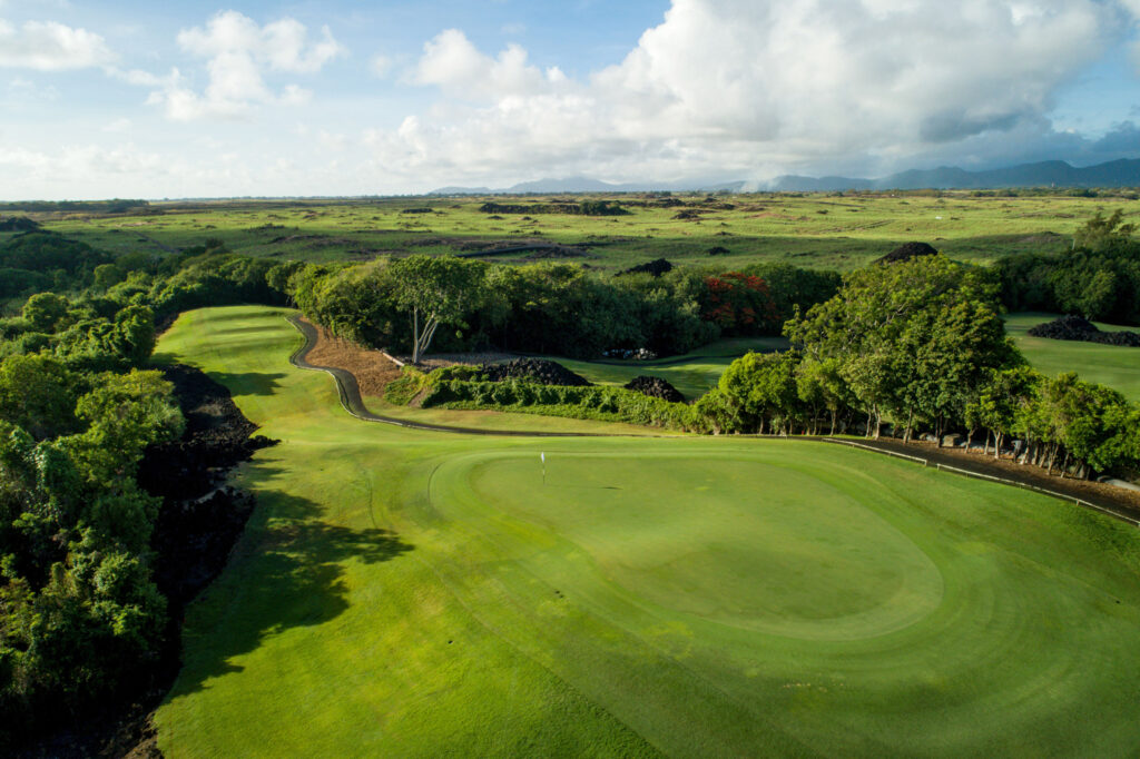 Aerial view of hole with white flag at The Links Golf Course with trees around