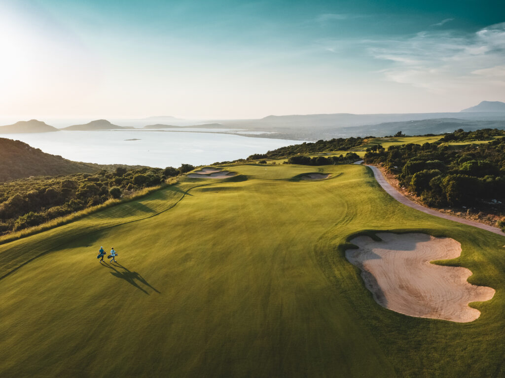 ariel view with sea and mounatin background - Costa Navarino OIympic Course