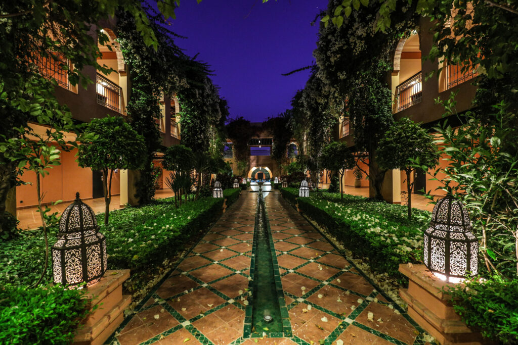 Walkway path at Tikida Golf Palace lit up at night