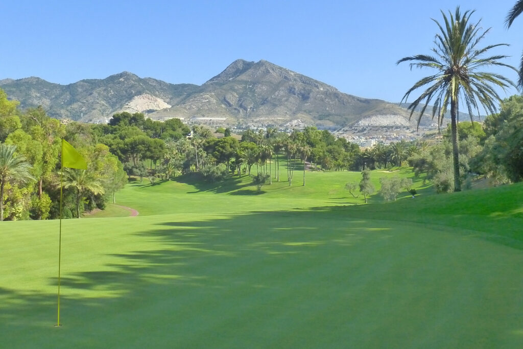 A hole with a yellow flag with trees and mountains in background at Torrequebrada Golf Course