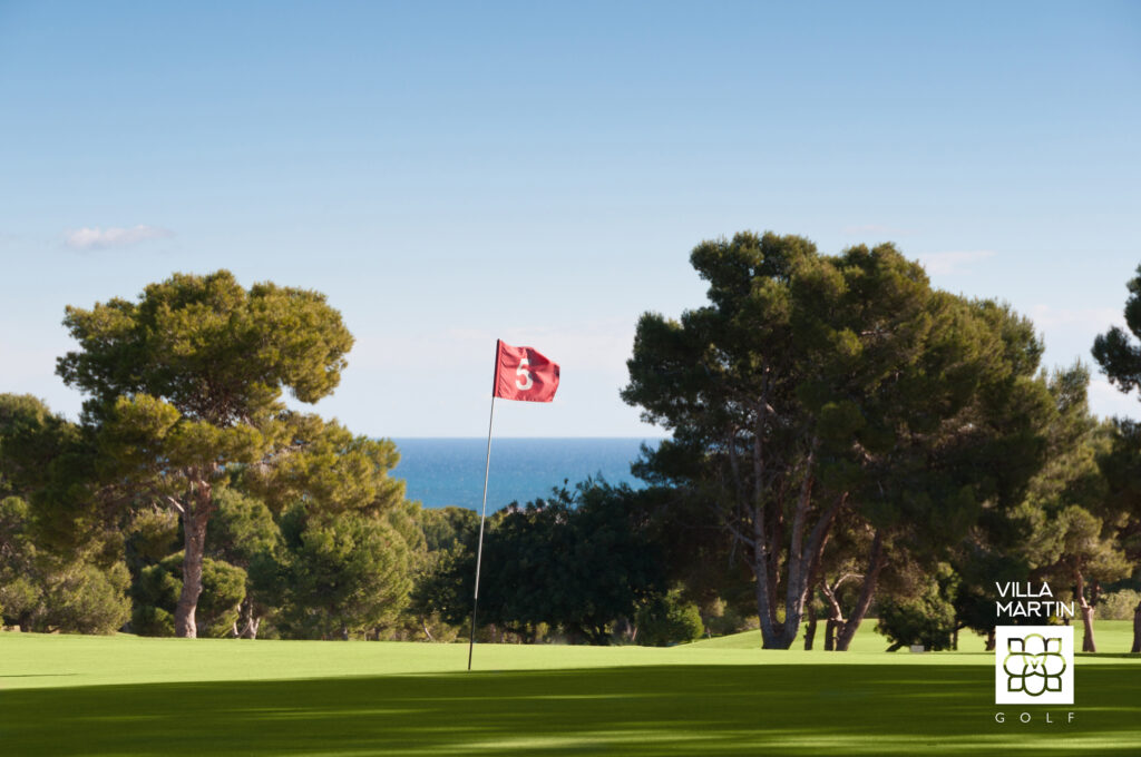 A hole with a red flag at Villamartin Golf Course