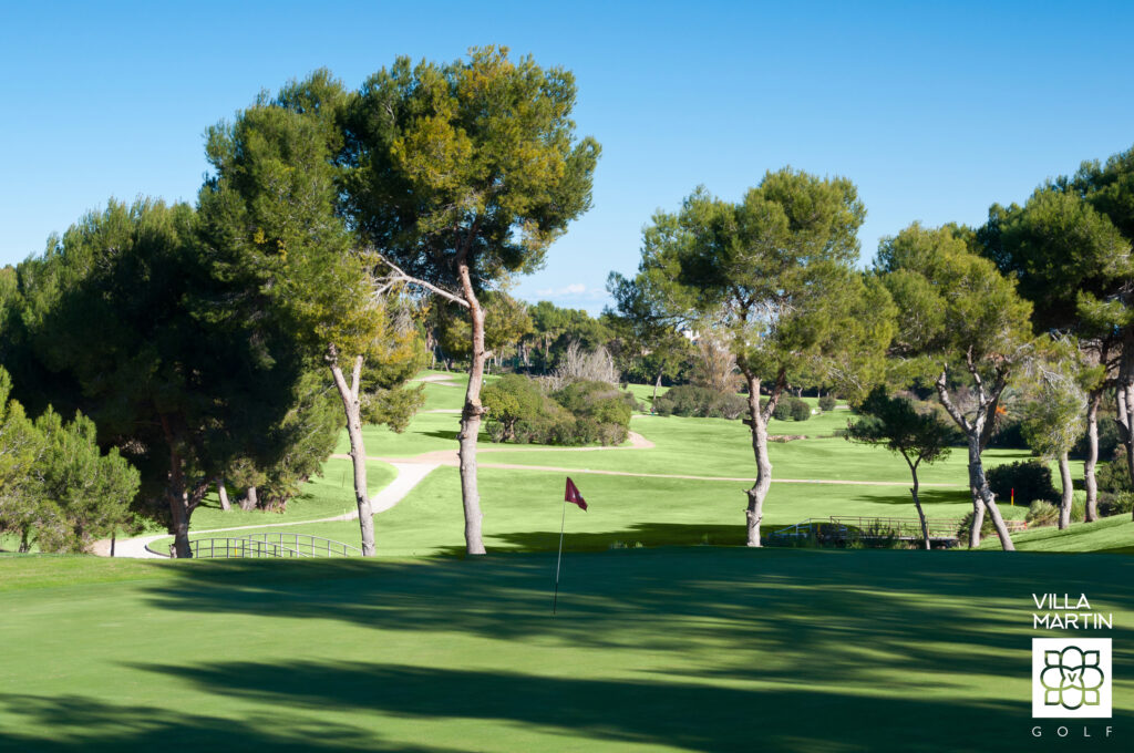 A hole with a red flag with trees in the background at Villamartin Golf Course