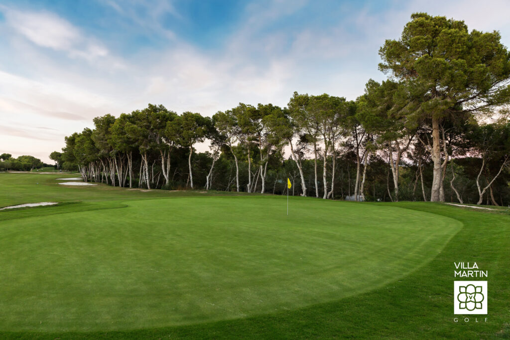 A hole with a yellow flag at Villamartin Golf Course with trees in the background and bunkers