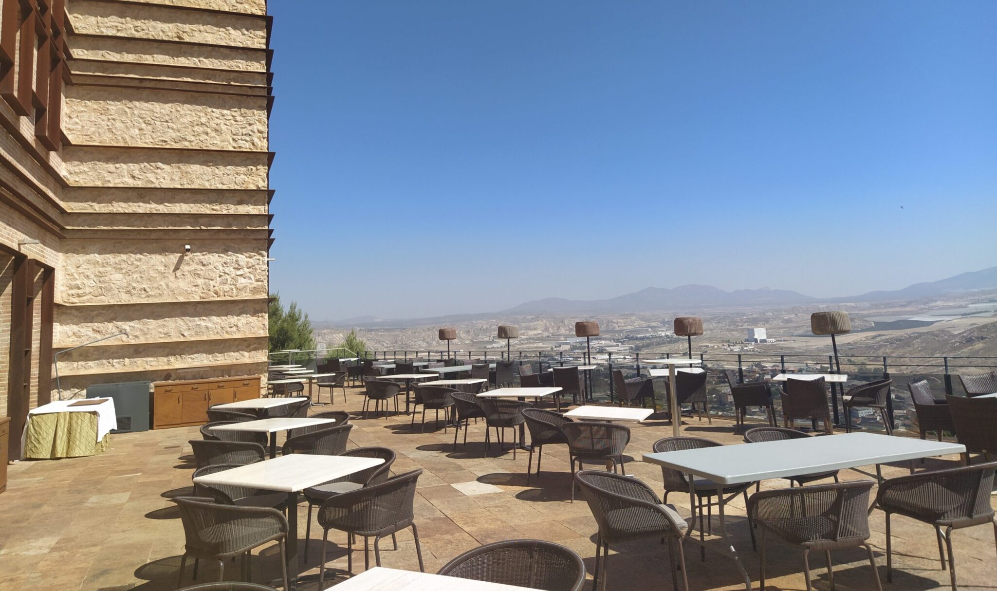 Breathtaking views from the dining terrace area of Parador De Lorca Hotel. The view overlooks the rolling hills & town of Lorca below.