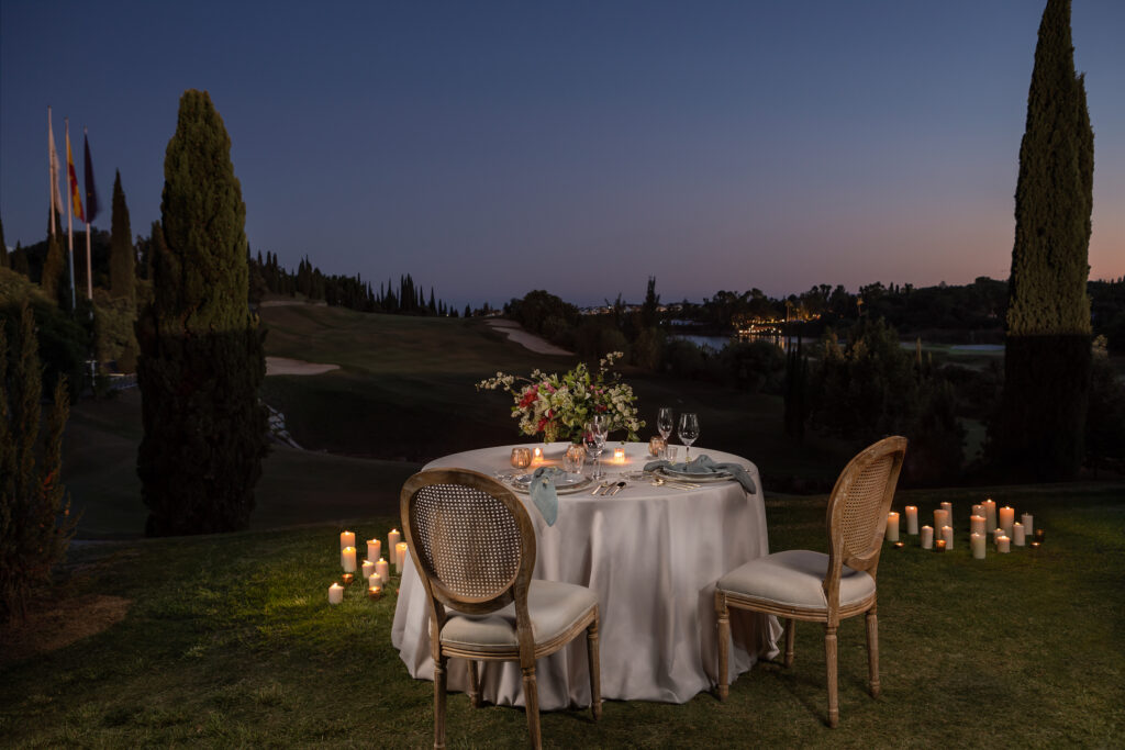 Intimate dining for two with garden view at Anantara Villa Padierna Palace Benahavis Marbella Resort