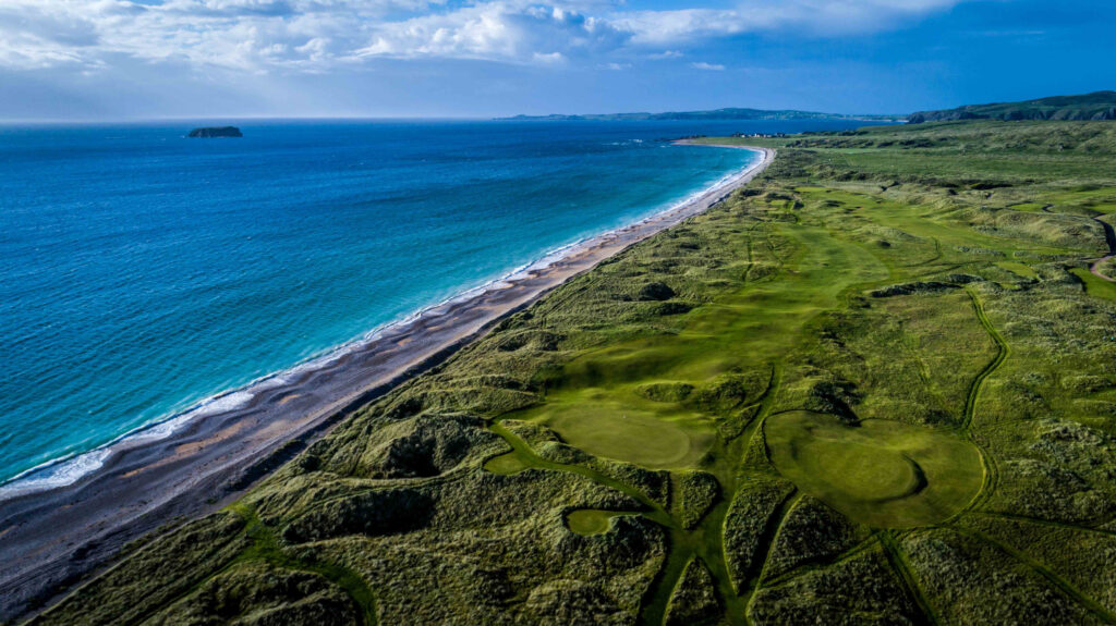 Aerial view of the golf course at Ballyliffin Lodge & Spa next to the beach