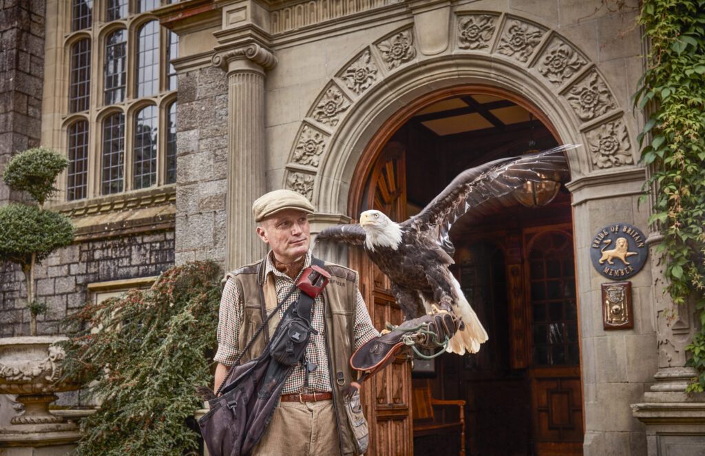 Man holding a bird of prey at Bovey Castle