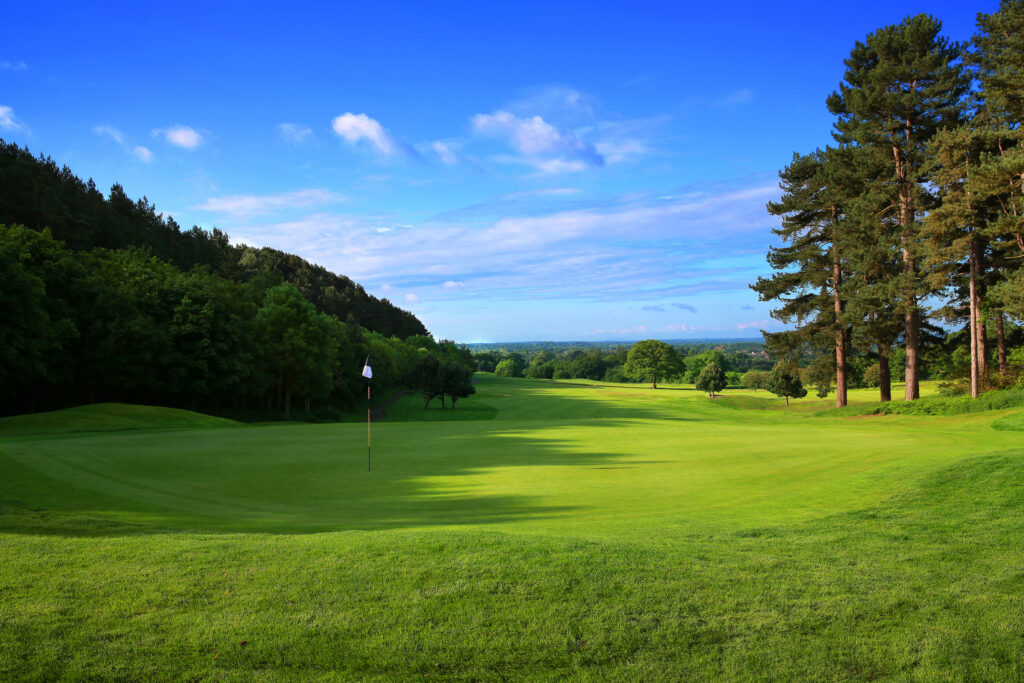 Hole with white flag with trees around at Carden Park - Cheshire Course