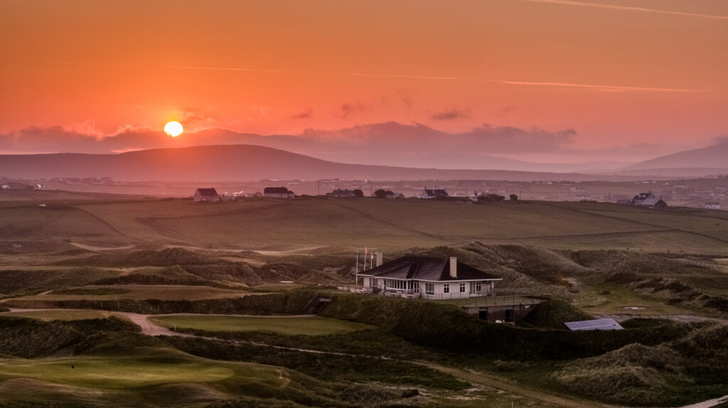 Aerial view of Carne Golf Links at sunset