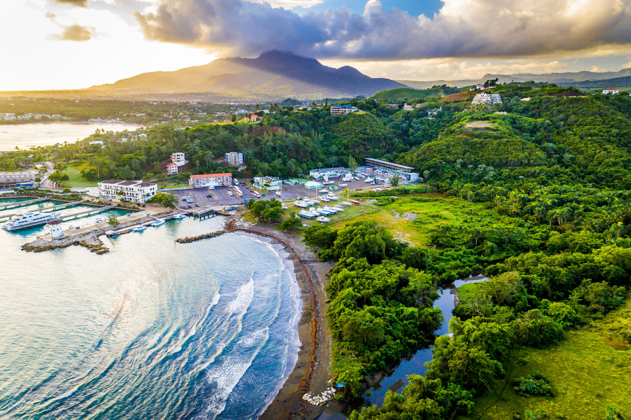 aerial view of a marina in dominic republic with forest on the right and sea on the left