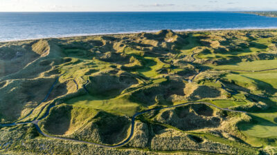 Aerial view of Enniscrone Golf Club with ocean in background