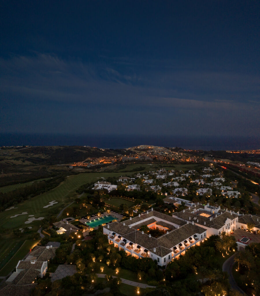 Aerial view of Finca Cortesin Hotel, Golf & Spa at night