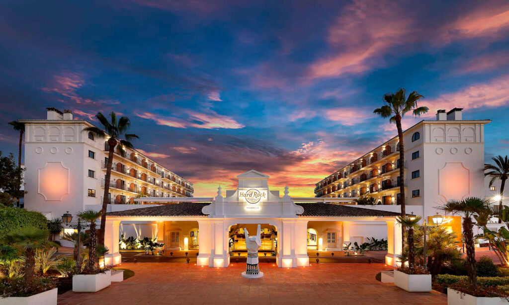 Exterior of Hard Rock Hotel Marbella at sunset