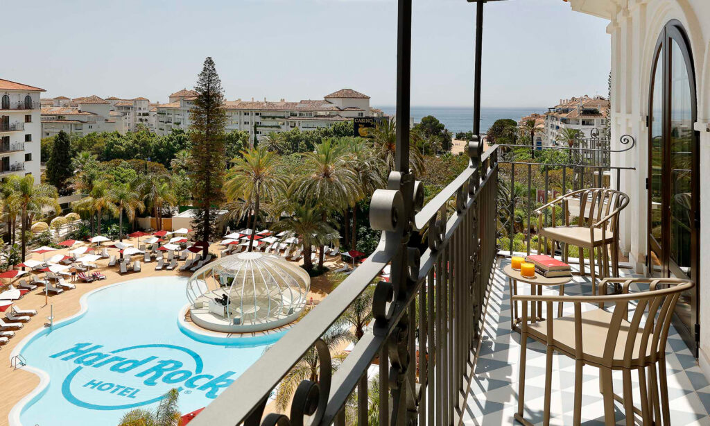 Balcony looking over the outdoor pool at Hard Rock Hotel Marbella