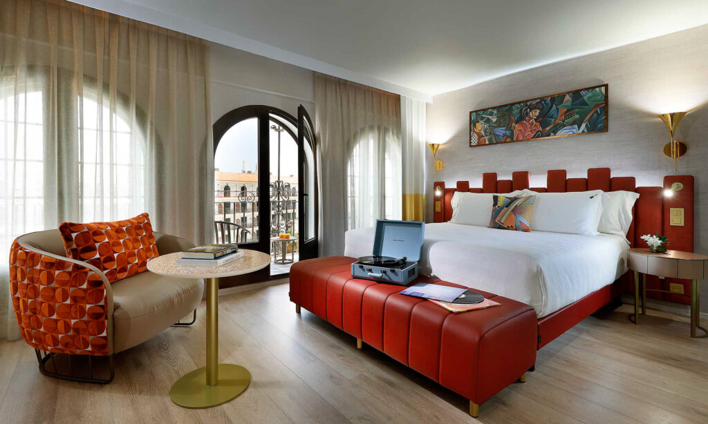 Double bed accommodation with record player at Hard Rock Hotel Marbella