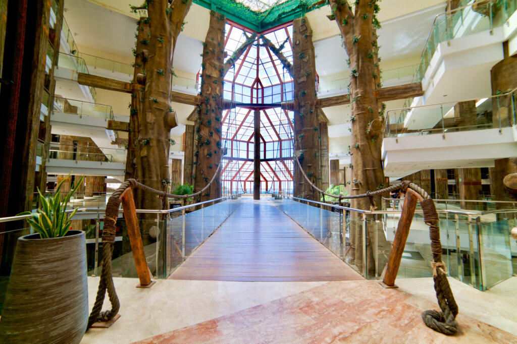 Bridge through lobby at Holiday Polynesia Hotel