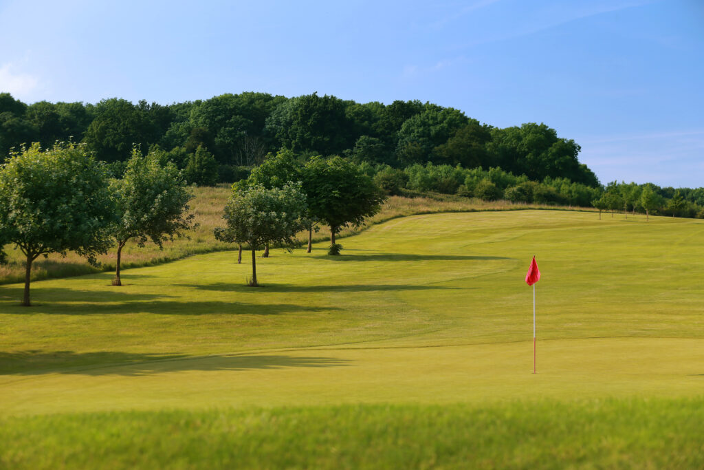 Hole with red flag with trees around at Belton Woods - Woodside Course