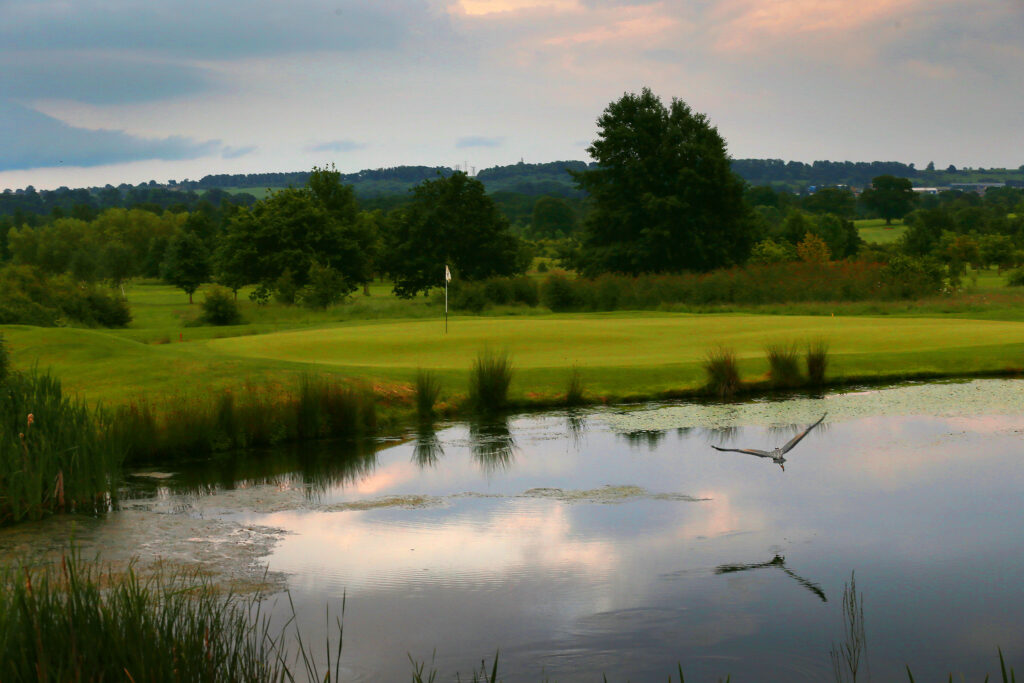 Hole next to lake with bird hovering at Belton Woods - Woodside Course with trees around