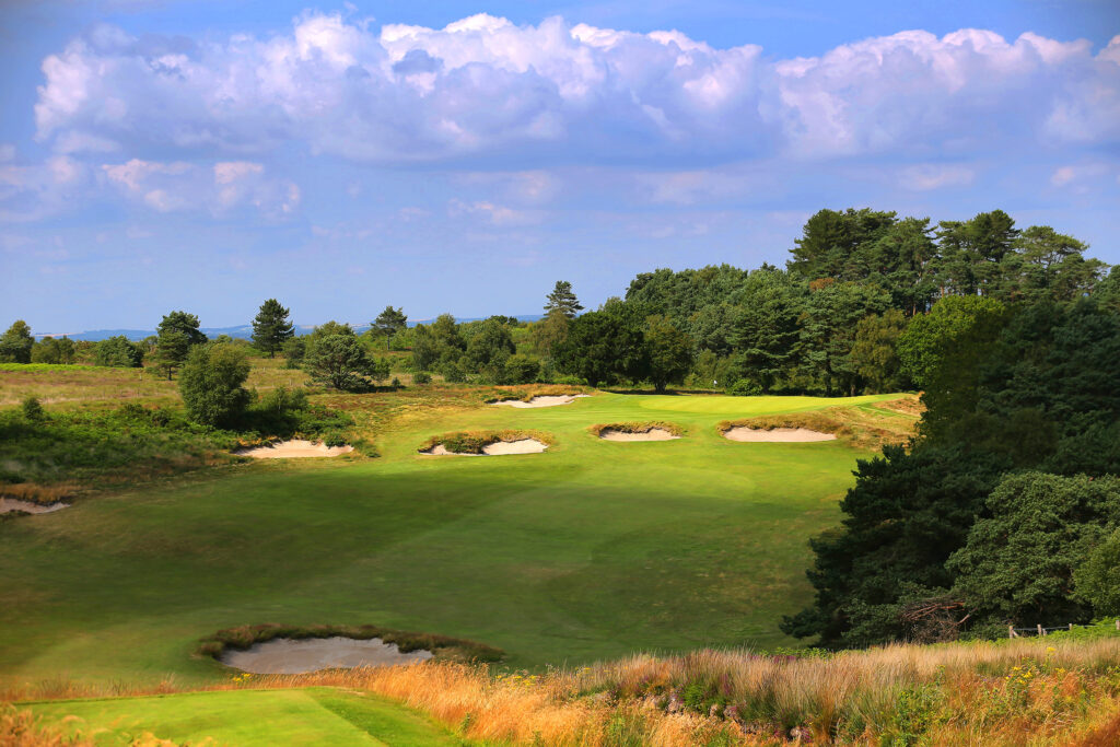 Fairway with bunkers with trees around at Broadstone Golf Club