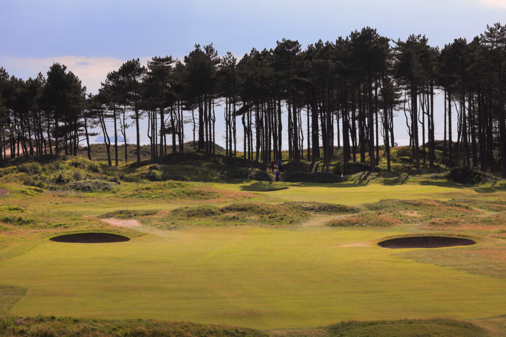 Fairway with bunkers and trees around at Formby Golf Club