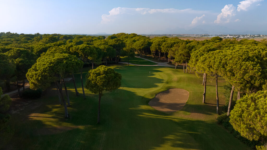 Aerial view of bunker on fairway with trees around at Gloria - Old Golf Course