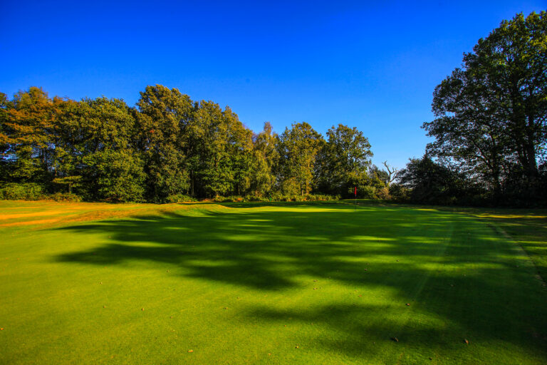 Hole with red flag and trees around at Piltdown Golf Club