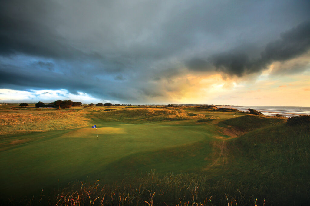 Hole with ocean in distance at Portmarnock Golf Club