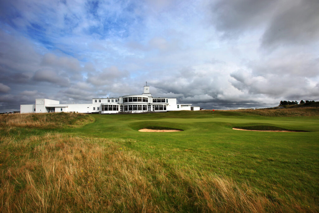 Fairway with bunkers and building in background at Royal Birkdale