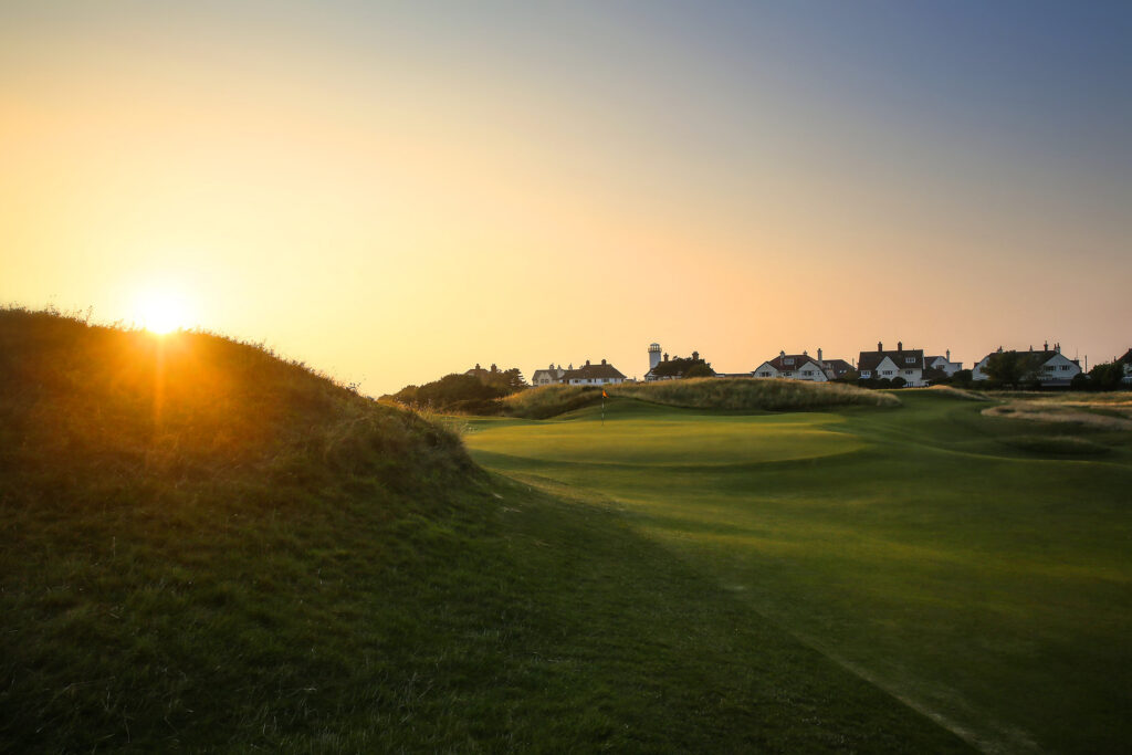 Hole with red flag at Royal Liverpool Golf Club