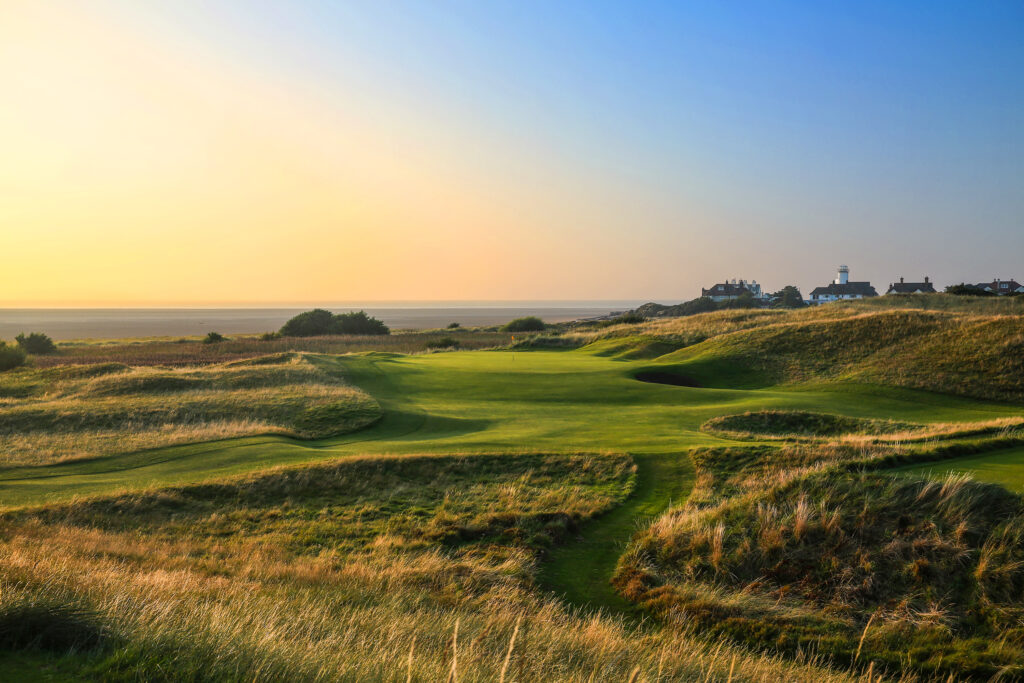 Fairway with hole with red flag at Royal Liverpool Golf Club