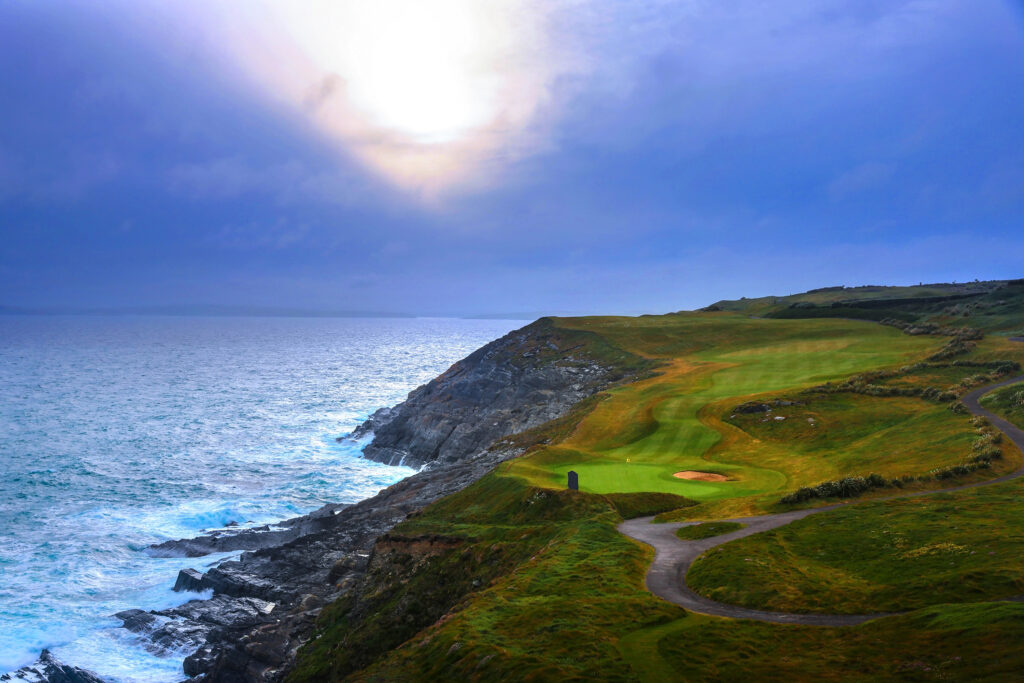 Aerial view of fairway on cliffside at Old Head Links with ocean view