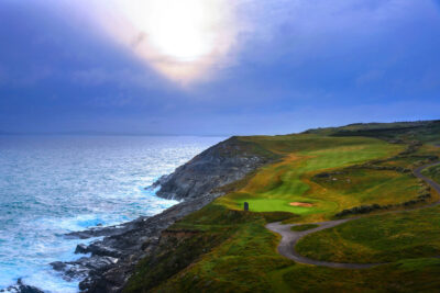 Aerial view of fairway on cliffside at Old Head Links with ocean view