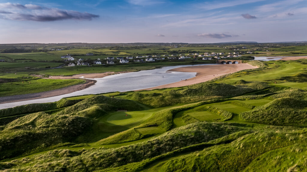 Aerial view of Lahinch Golf Club with beach