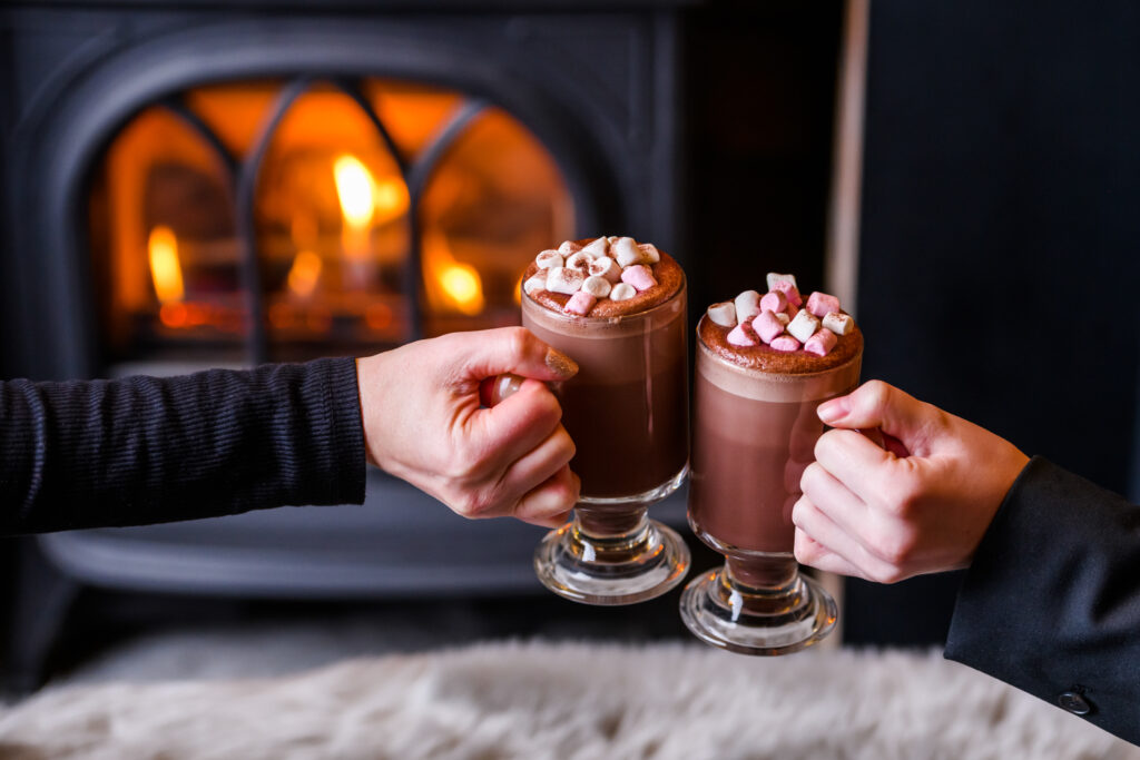 Hot chocolate served by the fire place at Meadowlands Hotel