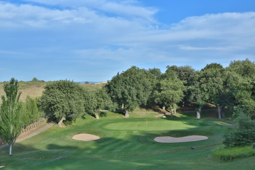 pictre of rioja alta golf course greens and bunkers with trees at the back